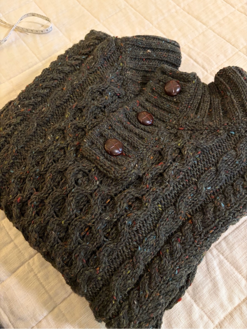 L.L. Bean Men's Green Cable Irish Wool Donegal Fisherman Henley Sweater Jumper
